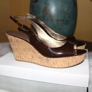 Marc Fisher, Dark Brown Patent Leather Fodessa Peep Toe Wedge